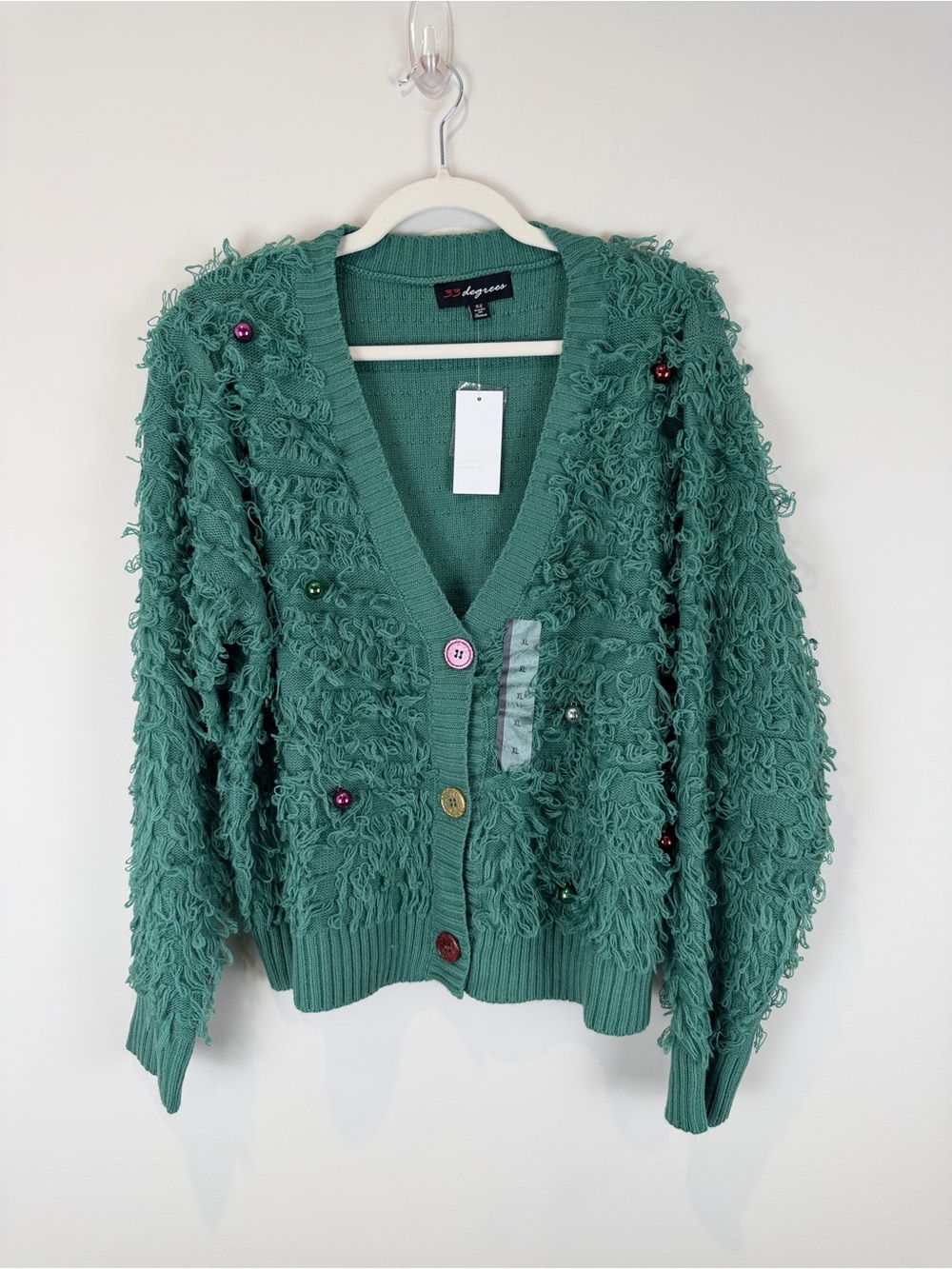 33 Degrees Green Loop Dangling Christmas Balls Button Cardigan XL